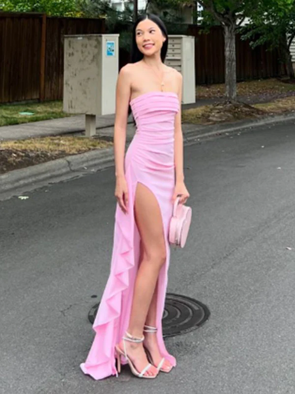 Pink Strapless Lovely Ruffle Party Dress with Split, DP2772