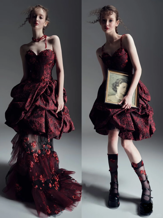 Gorgeous Burgundy Sweetheart Rose Applique Strapless Floor-length/Short Prom Dress Birthday Dress Evening Dress DP6422