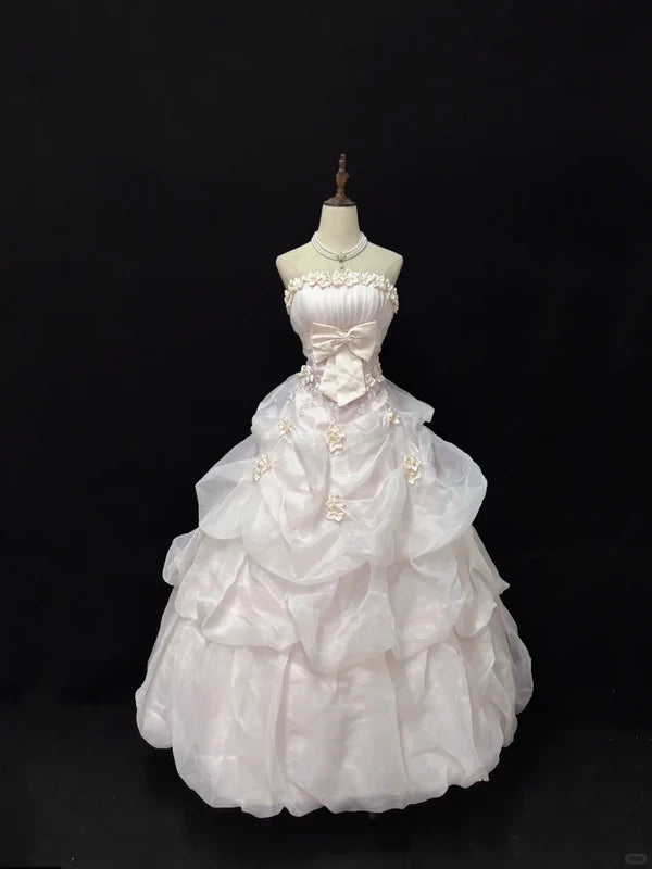 Elegant Light Pink Strapless Satin Sweet 16 Quinceanera A-Line Evening Dress Ball Gown DP6290