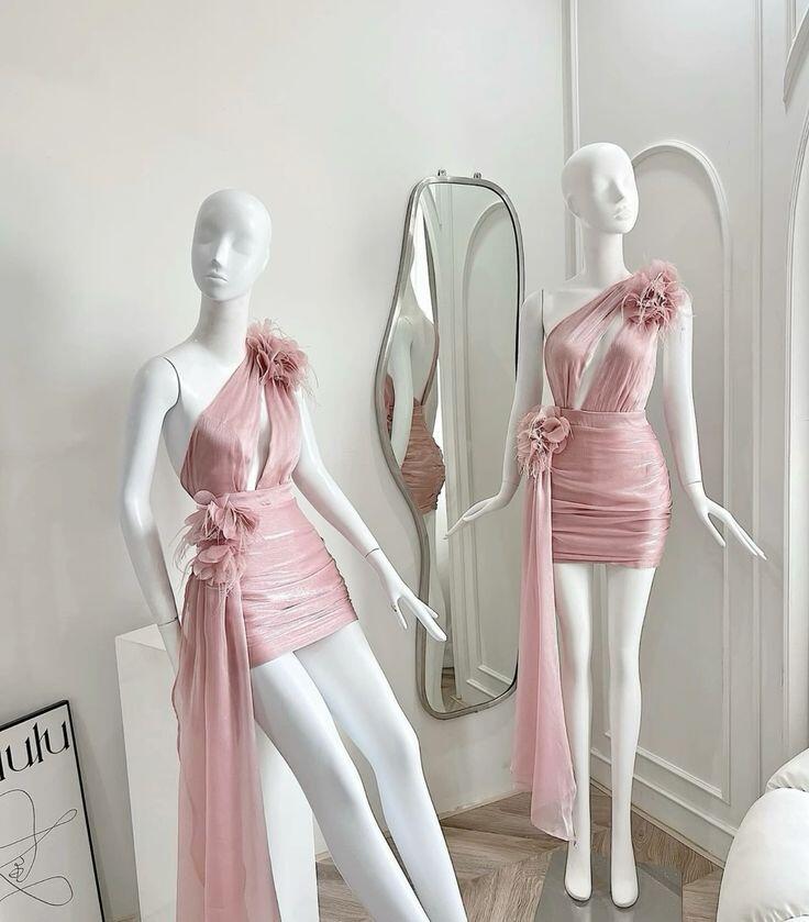 Robe fourreau rose asymétrique, robe de soirée courte, DP3052