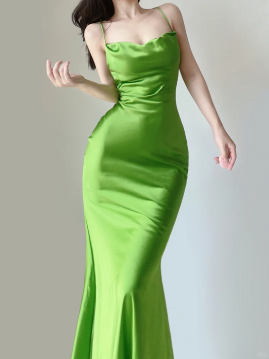 Apple Green Straps Mermaid Satin Long Party Dress Simple Evening Dress, DP5376