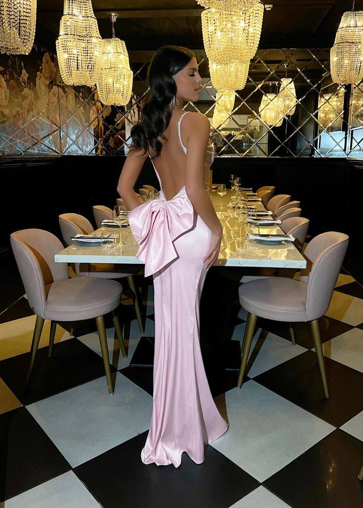 Light Pink Straps Backless Mermaid Long Prom Dress with Bowknot, DP3730
