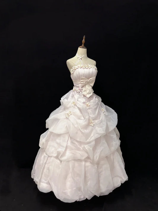 Elegant Light Pink Strapless Satin Sweet 16 Quinceanera A-Line Evening Dress Ball Gown DP6290