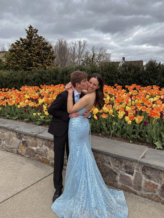Light Blue V Neck Straps Lovely Mermaid Long Prom Dress, DP2820