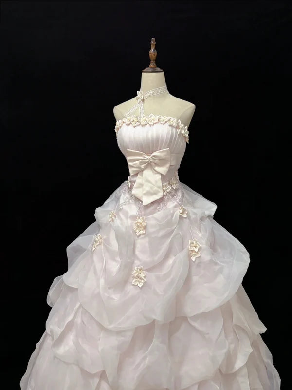 Elegant Light Pink Strapless Satin Sweet 16 Quinceanera A-Line Evening Dress Ball Gown DP6290