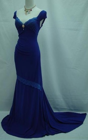 Königsblaues, langes Meerjungfrau-Abendkleid aus Samt mit Spitze DP3887