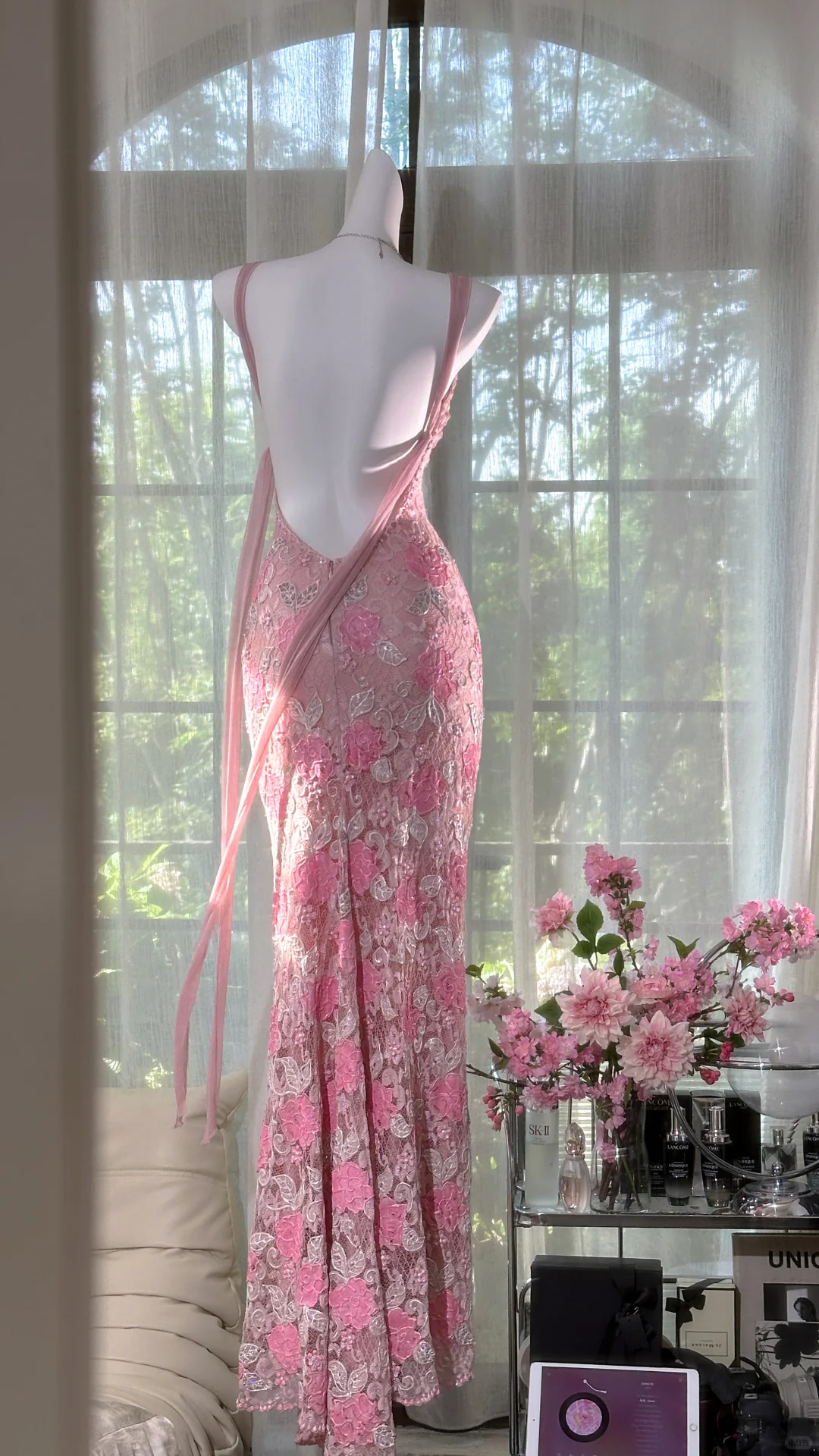 Vintage Pink Lace Applique V-neck Mermaid Prom Dress Evening Dress DP6359