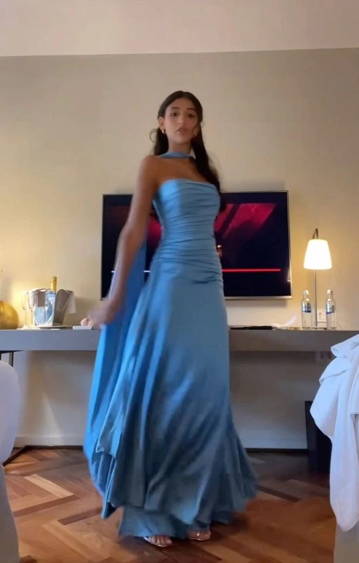 Elegant Strapless A-Line Blue Simple Long Party Dress, DP2449