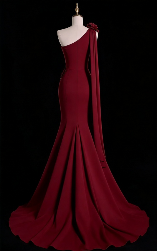 Vintage Burgundy Mermaid Evening Gown One-Shoulder Rose Applique Prom Dress DP7749