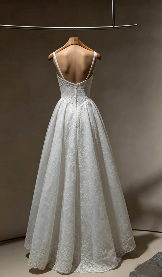 Elegant Square Neck Spaghetti Strap Lace A‑Line Bridal Gown Wedding Dress DP5567