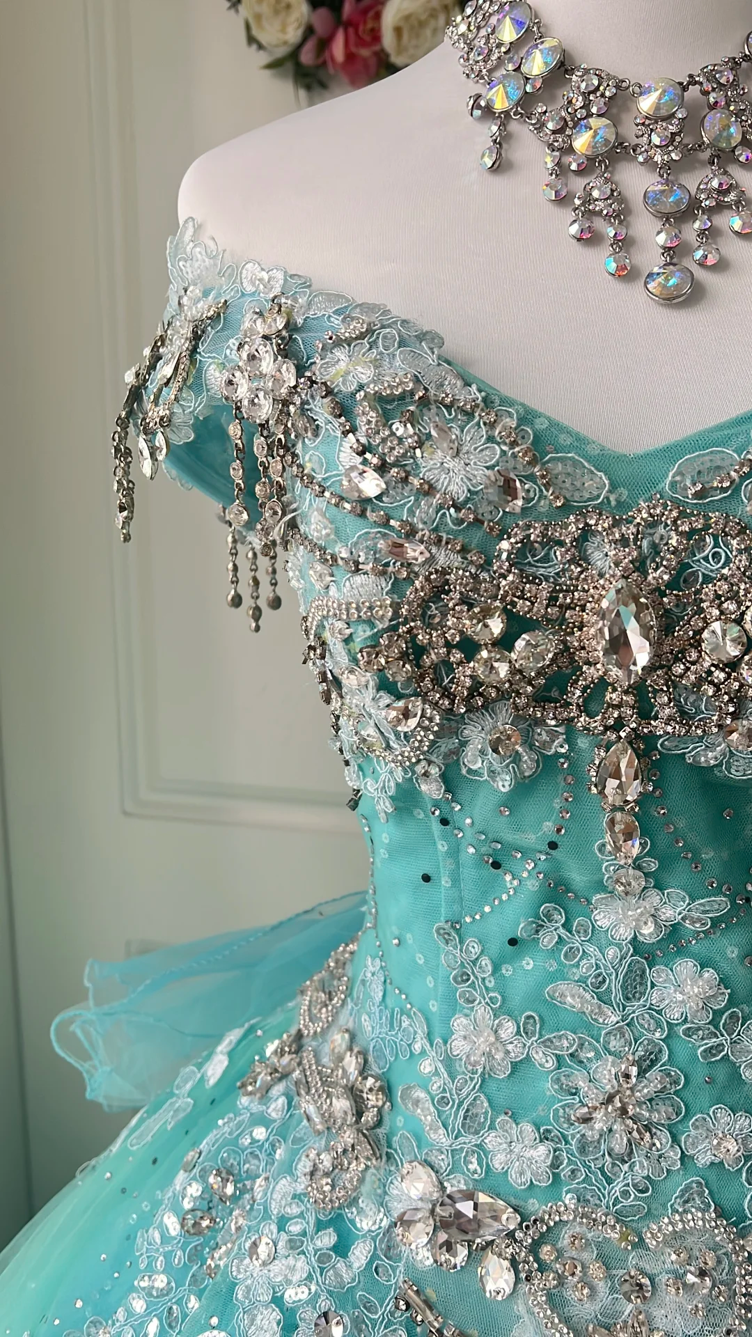 Gorgeous Sparkly Mint Green Tulle Off-the-Shoulder Beaded Sweet 16 Quinceanera Ball Gown DP7360