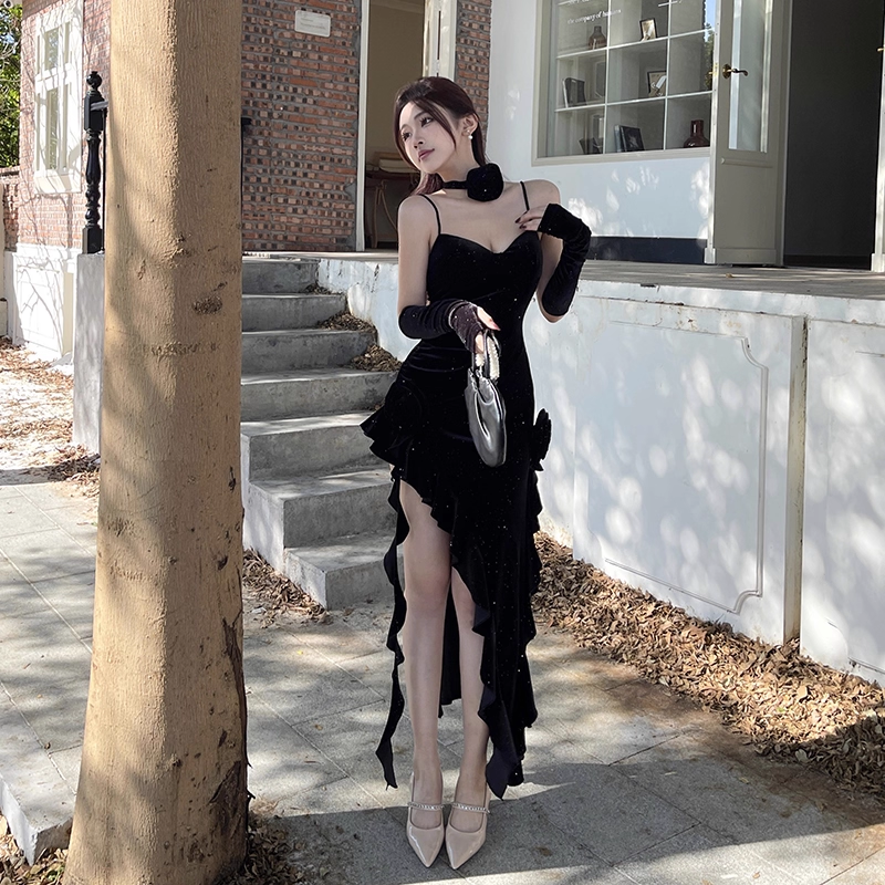 Vintage Glitzernde Pailletten Liebsten Spaghetti Strap Rüschen High Slit Ballkleid Abendkleid DP6407