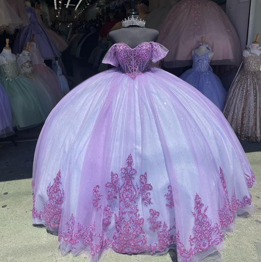 Robe de bal violette à épaules dénudées et perles, robe de bal Sweet 16, DP3349