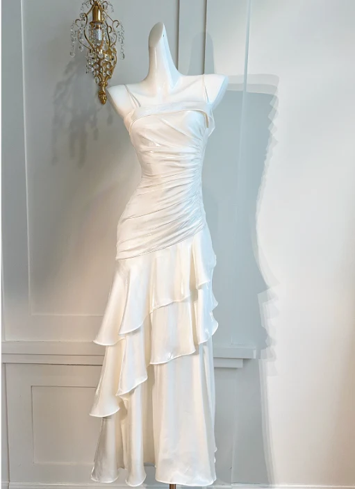 Vintage Spaghetti Straps Sheath Chiffon Ruffles Long Party Dress DP3866