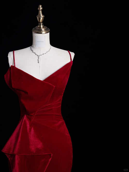 Sexy Red Straps Mermaid Velvet Long Prom Dress Evening Party Dress, DP5255
