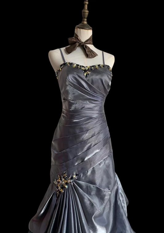 Grey Spaghetti Straps Mermaid Beading Long Prom Dress Vintage Evening Dress, DP5182