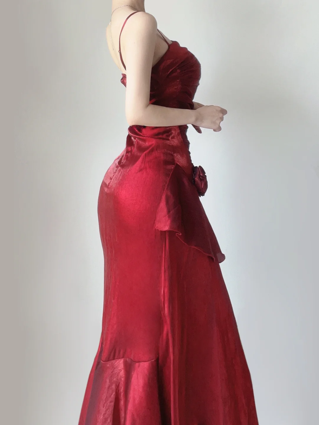 Weinrote Spaghettiträger Meerjungfrau Vintage Langes Partykleid Geburtstagsoutfits, DP5377