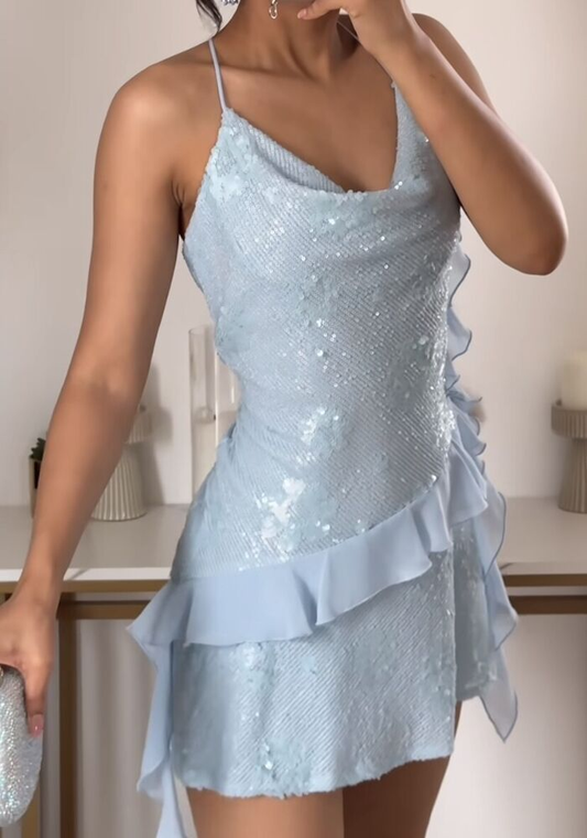 Robe fourreau courte à bretelles bleues et paillettes, robe de soirée, DP5780