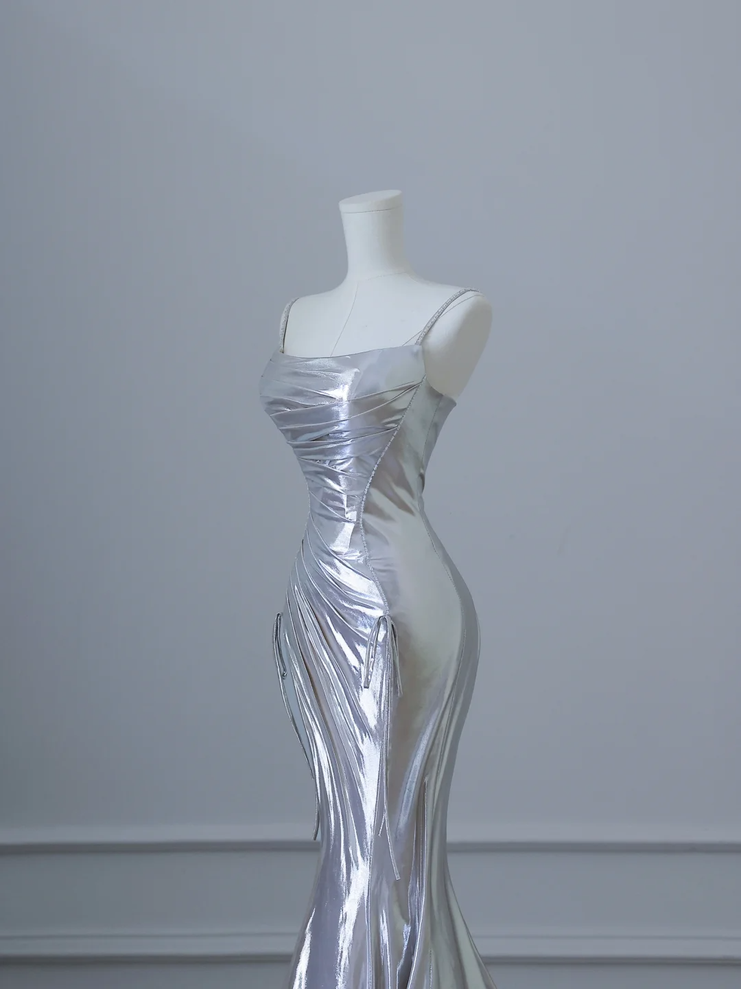 Silver Spaghetti Straps Mermaid Satin Long Evening Party Dress Birthday Outfits, DP5149