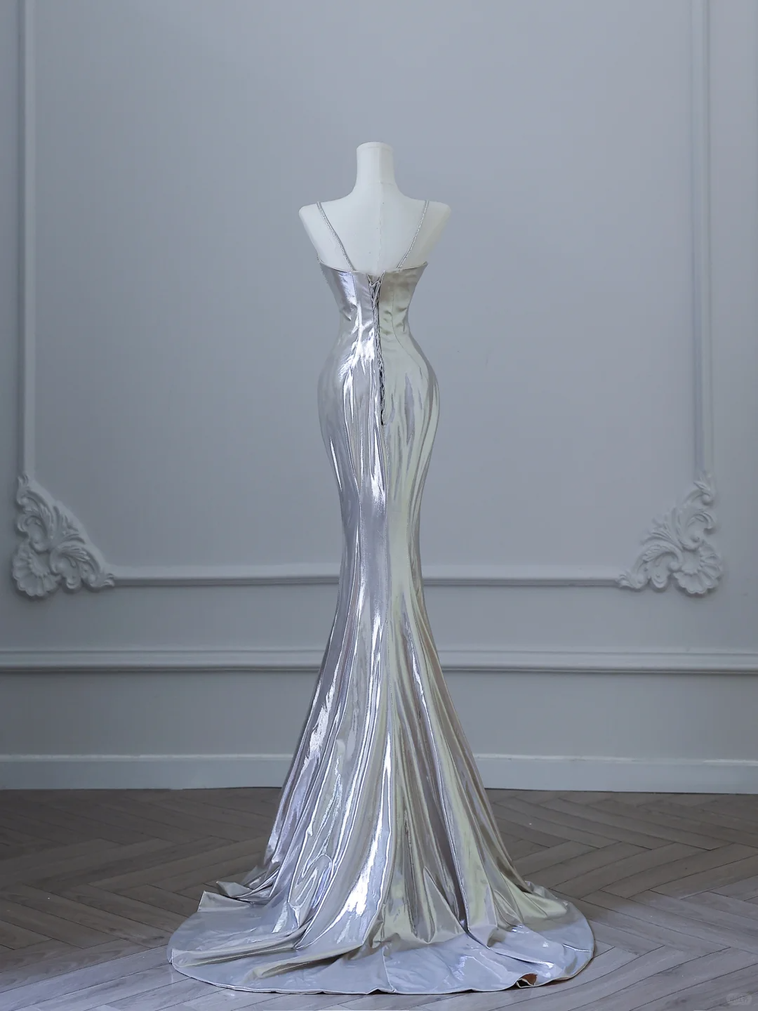 Silver Spaghetti Straps Mermaid Satin Long Evening Party Dress Birthday Outfits, DP5149