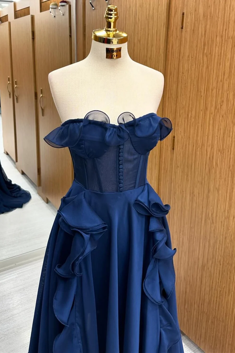 Navy Blue Strapless A-Line Ruffles Formal Long Prom Dress, DP2568