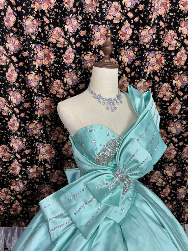 Retro Tiffany Blau One-Shoulder Perlen Sweet 16 Quinceanera A-Linie Abendkleid Ballkleid DP6291