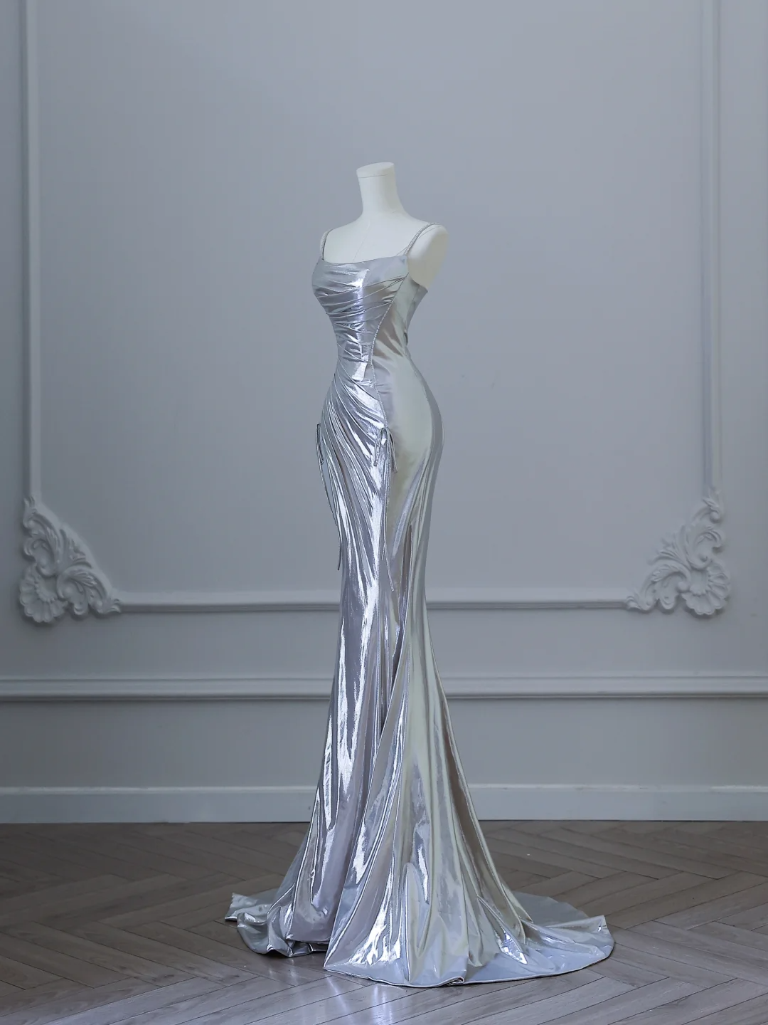 Silver Spaghetti Straps Mermaid Satin Long Evening Party Dress Birthday Outfits, DP5149