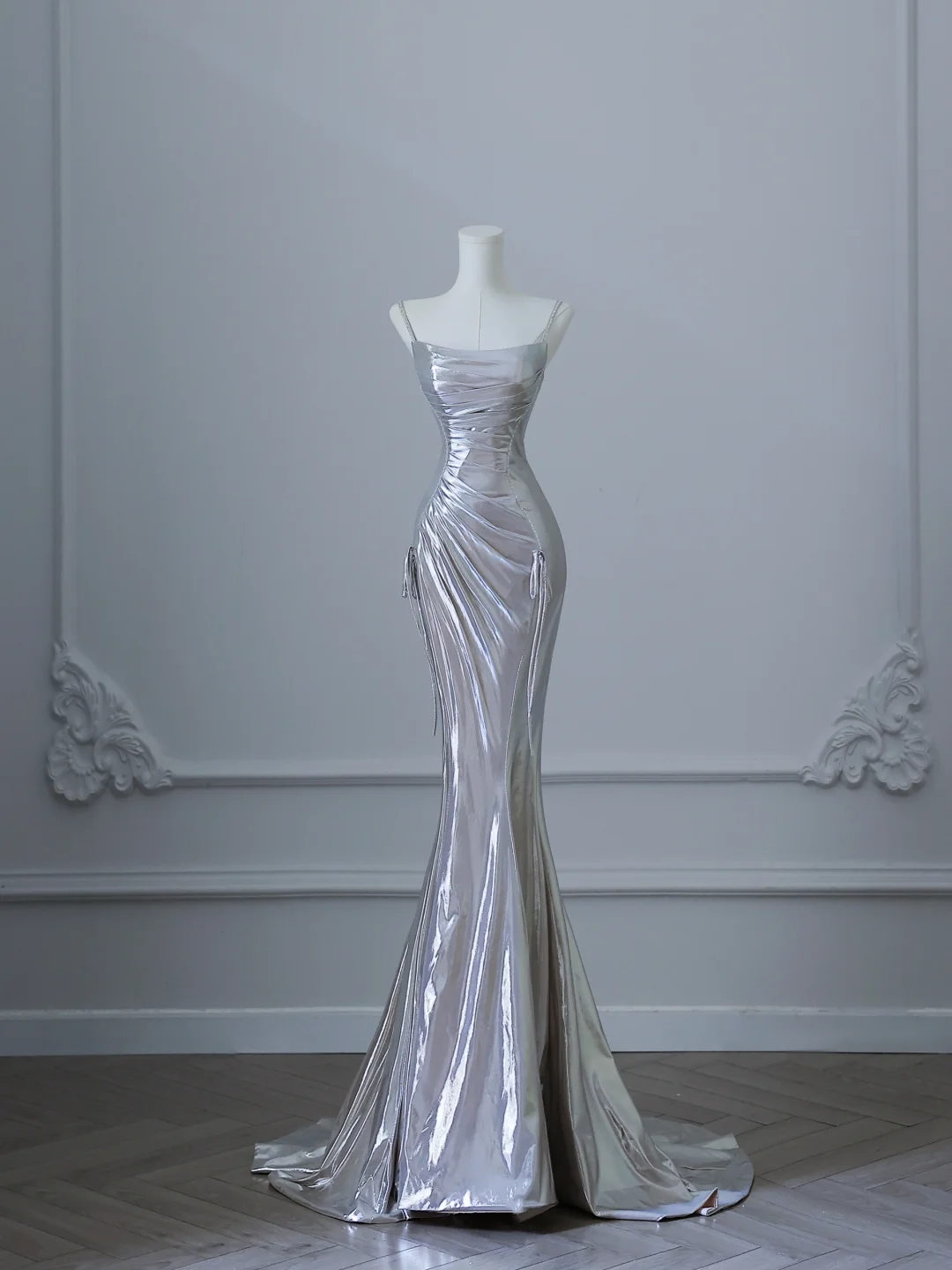 Silver Spaghetti Straps Mermaid Satin Long Evening Party Dress Birthday Outfits, DP5149