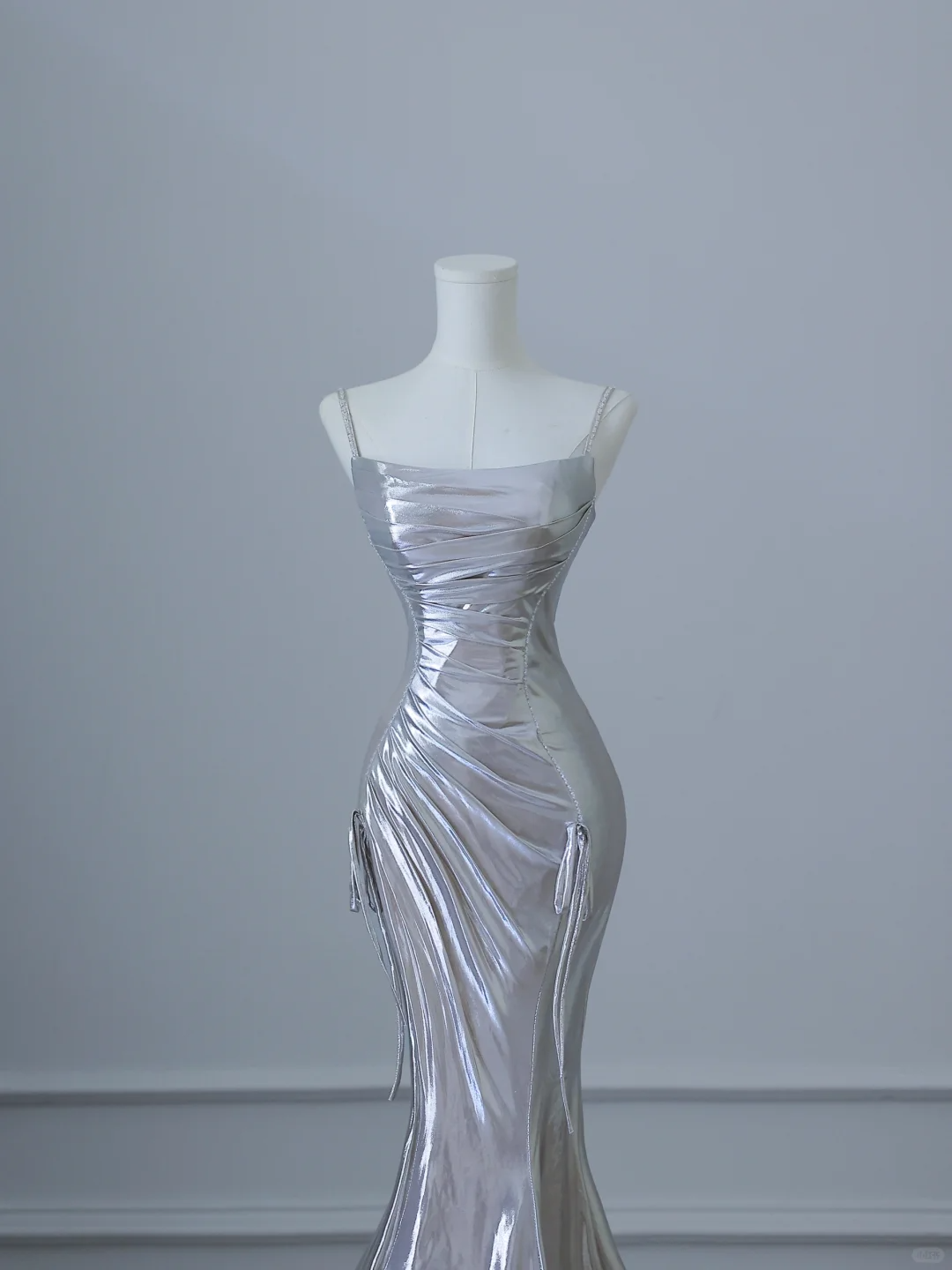 Silver Spaghetti Straps Mermaid Satin Long Evening Party Dress Birthday Outfits, DP5149