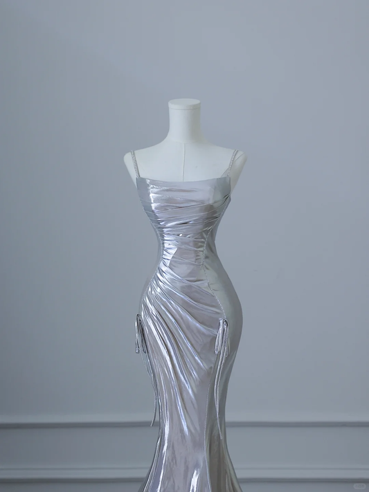 Silber Spaghettiträger Meerjungfrau Satin Langes Abendkleid Partykleid Geburtstagsoutfits, DP5149