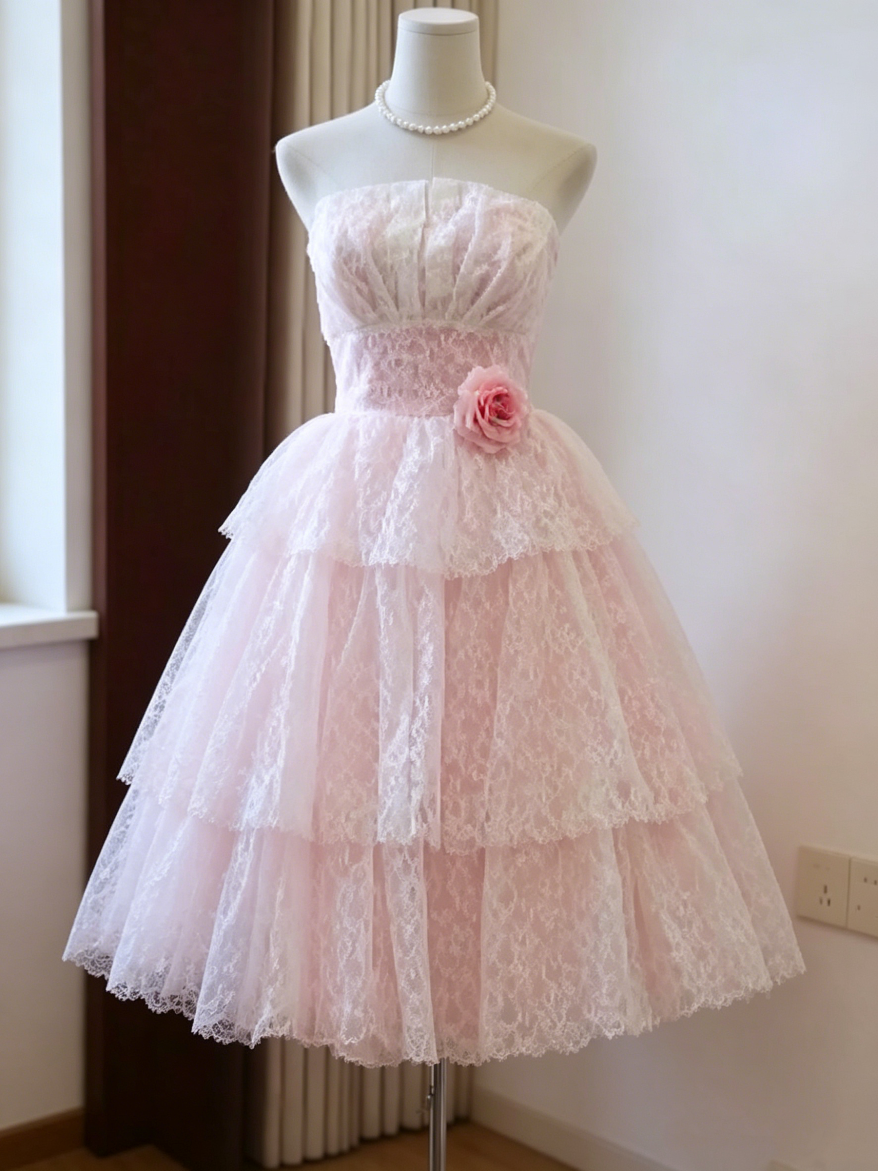 Vintage Pink Lace Tiered Strapless A-Line Homecoming Dress DP8375 DSProm Vintage Pink Lace Tiered Strapless A-Line Homecoming Dress DP8375 DSProm
