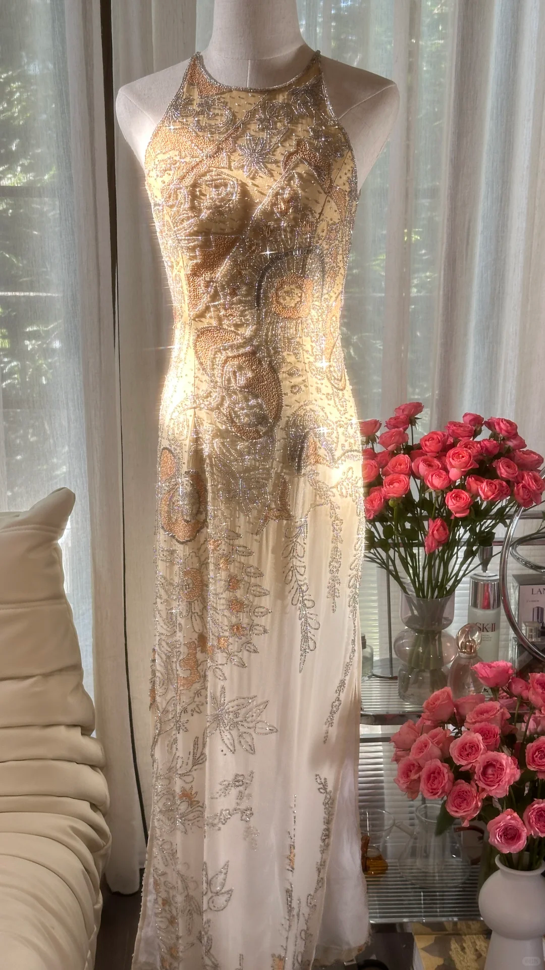 Retro Golden Sparkling Beaded Halter Dress Elegant Chiffon Evening Dress Prom Dresses DP5998