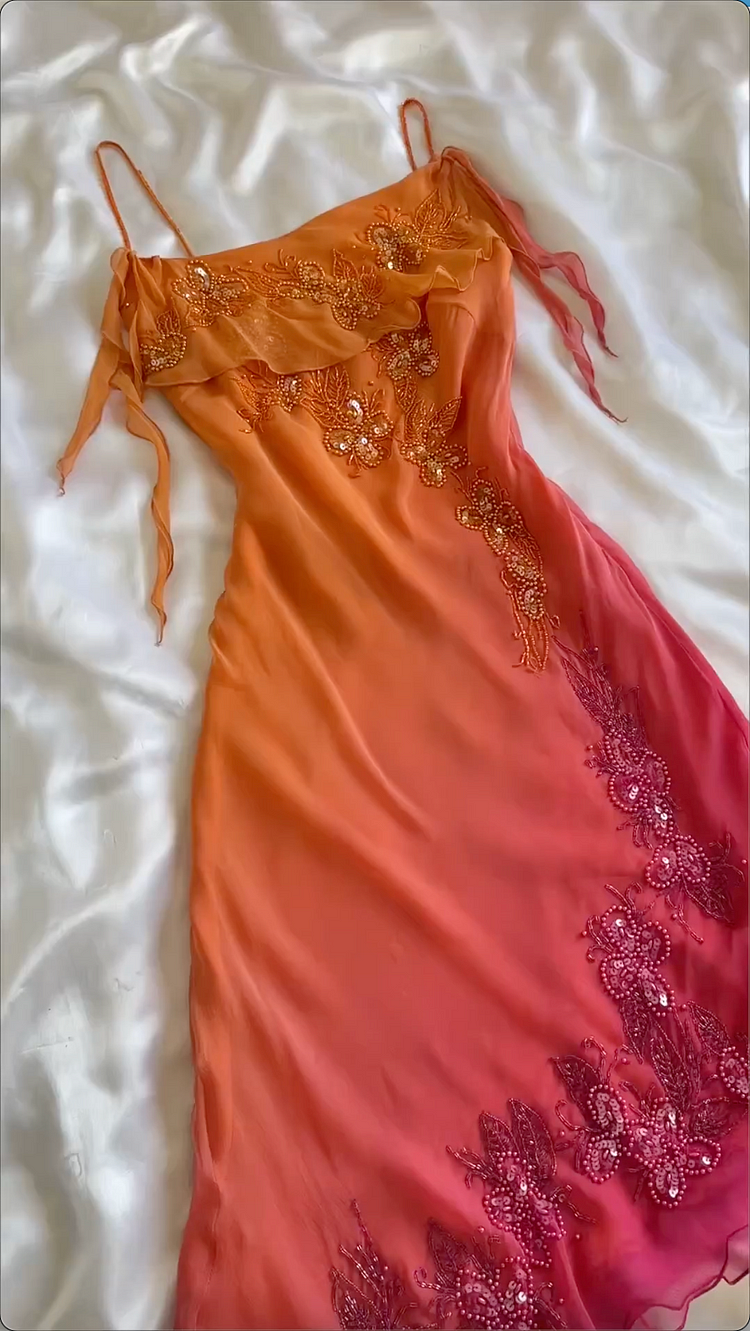Ombre Orange Beaded Mermaid Maxi Dress Spaghetti Strap Embroidered For DSProm Ombre Orange Beaded Mermaid Maxi Dress Spaghetti Strap Embroidered For DSProm