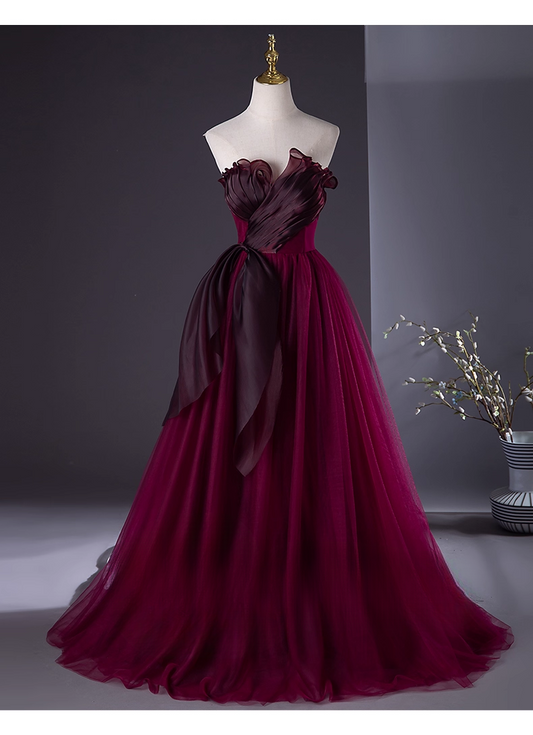 Chic Burgundy Tulle Prom Dress A-Line Evening Gown Strapless Party Dress Long Formal Dress DP6924