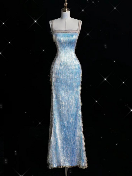 Robe de soirée longue bleu clair à bretelles et pompons, DP3788