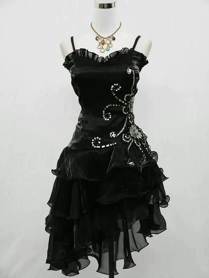 Vintage Black Straps Beaded Evening Dress Ruffled Homecoming Dress, DP2291