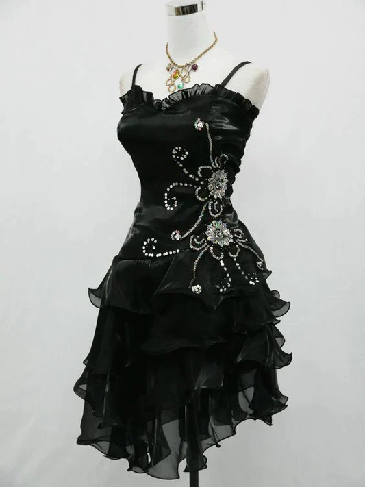 Vintage Black Straps Beaded Evening Dress Ruffled Homecoming Dress, DP2291