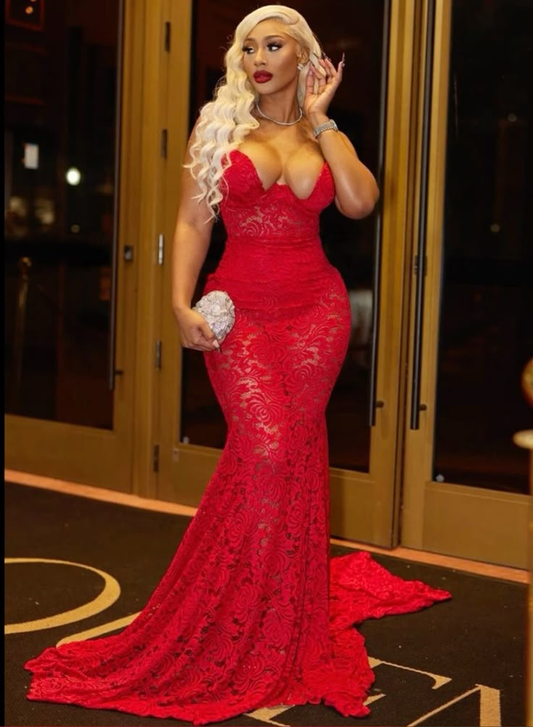 Robe de soirée longue rouge sexy en dentelle style sirène, décolleté en cœur, tenue d'anniversaire, DP5781