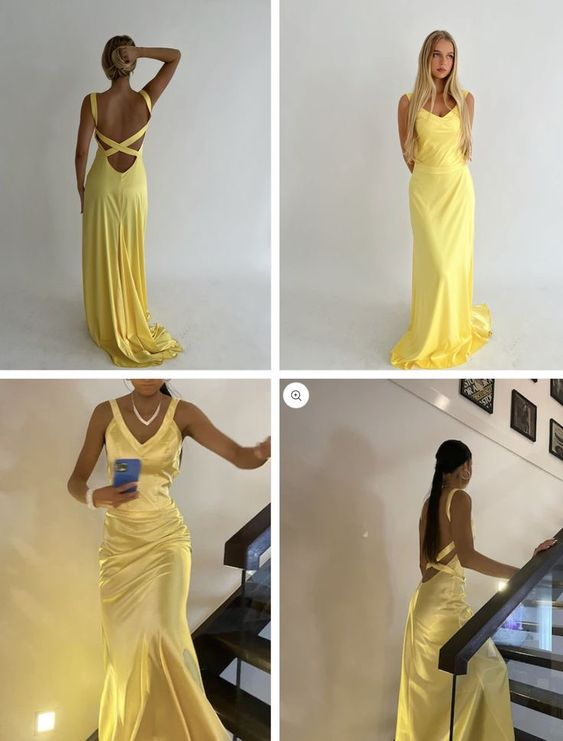 Gelbes, rückenfreies Meerjungfrau-Ballkleid mit V-Ausschnitt, DP3637
