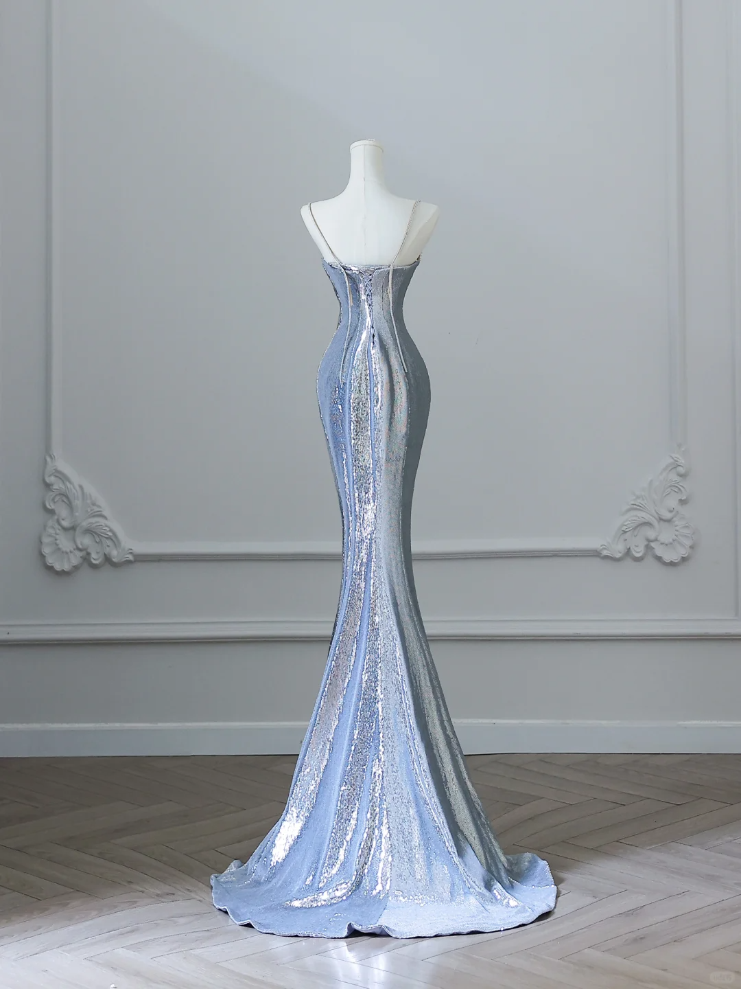 Light Blue Straps Mermaid Sequins Long Evening Party Dress Birthday Outfits, DP5150