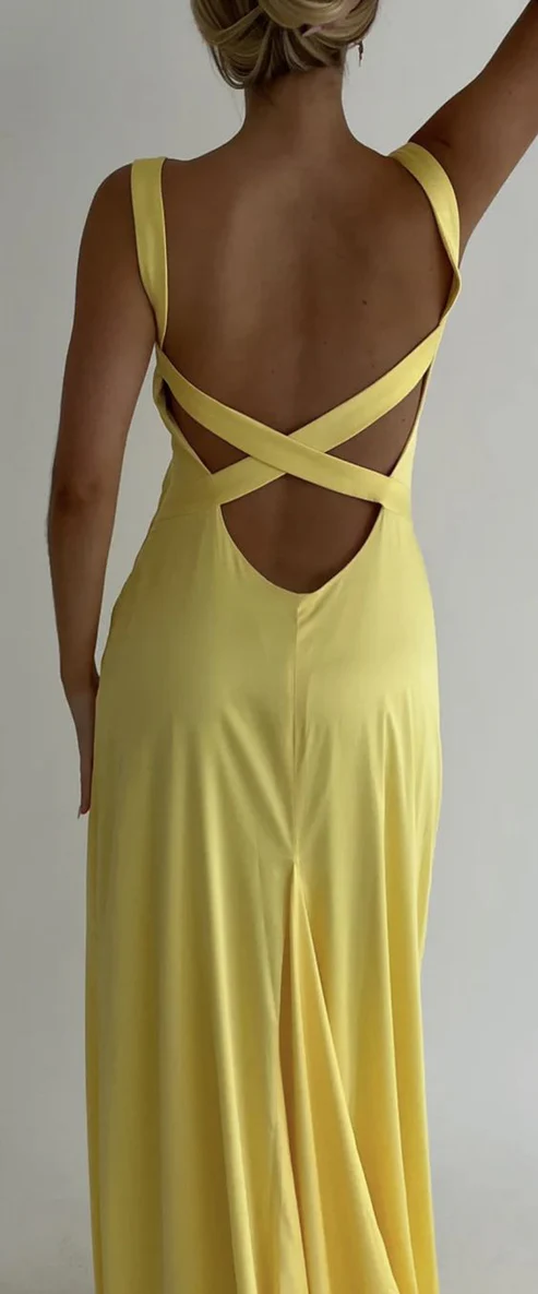 Gelbes, rückenfreies Meerjungfrau-Ballkleid mit V-Ausschnitt, DP3637
