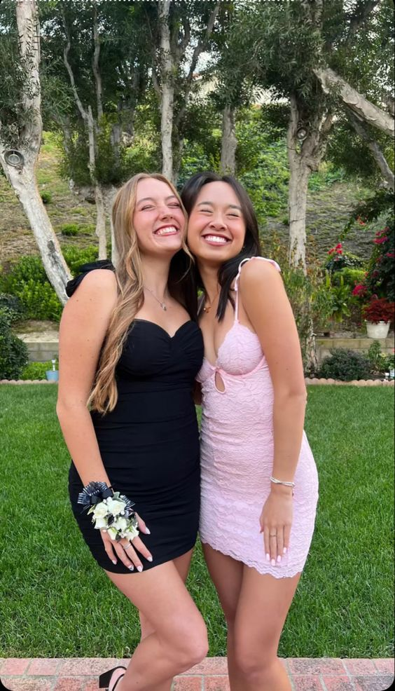 Lovely Pink Straps Lace V Neck Homecoming Dress, DP2738