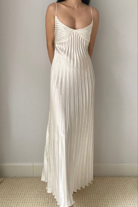 Ivory Spaghetti Straps A-Line Pleated Elegant Long Party Dress, DP3206
