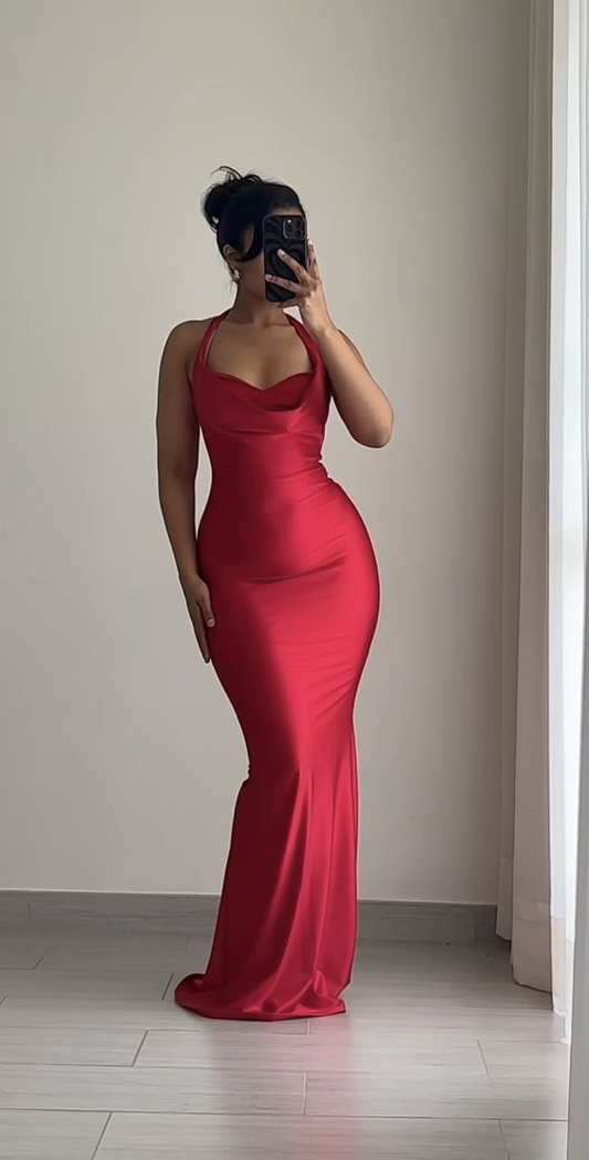 Robe de soirée longue rouge sexy en satin à col licou et style sirène, DP3760