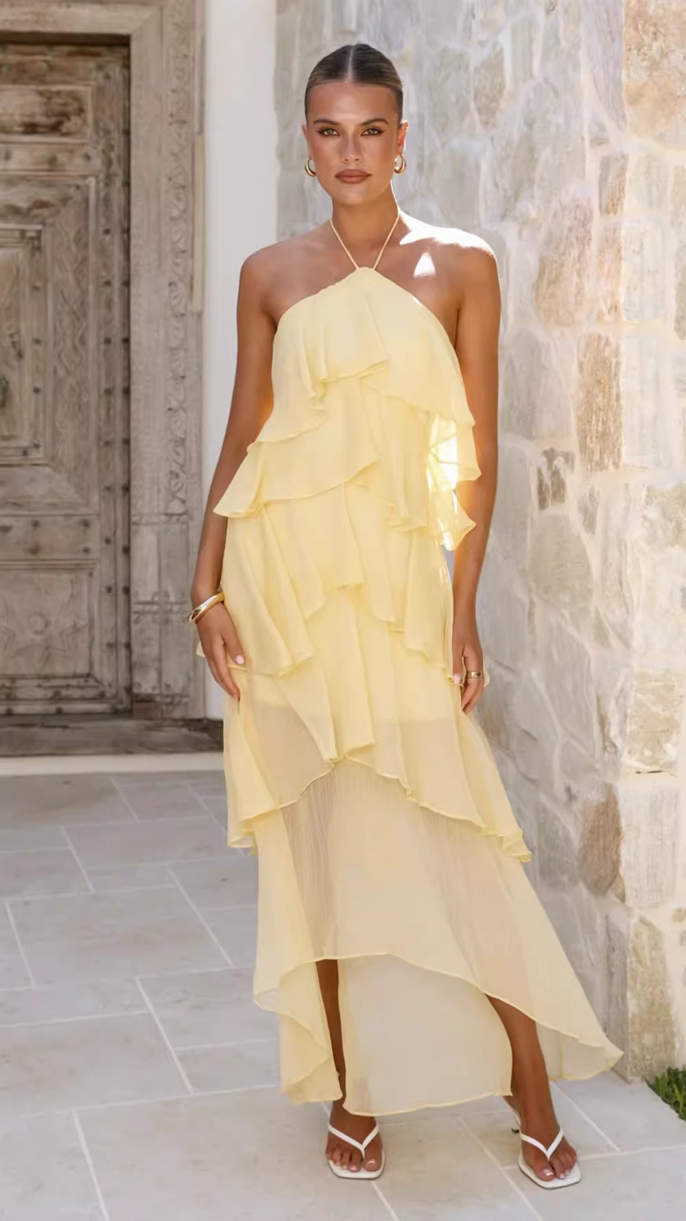 chiffon tiered halterneck maxi dress Vintage Halter-Neck Ruffle High Low Formal Evening – DSProm Farbic order - Choose size:6 yards / 5.4 meters col_family_red Cloe Blue Dress - Pink beach days and garden