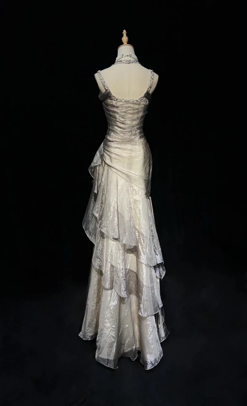 Green Straps Sheath Chiffon Vintage Long Prom Dress, DP4301