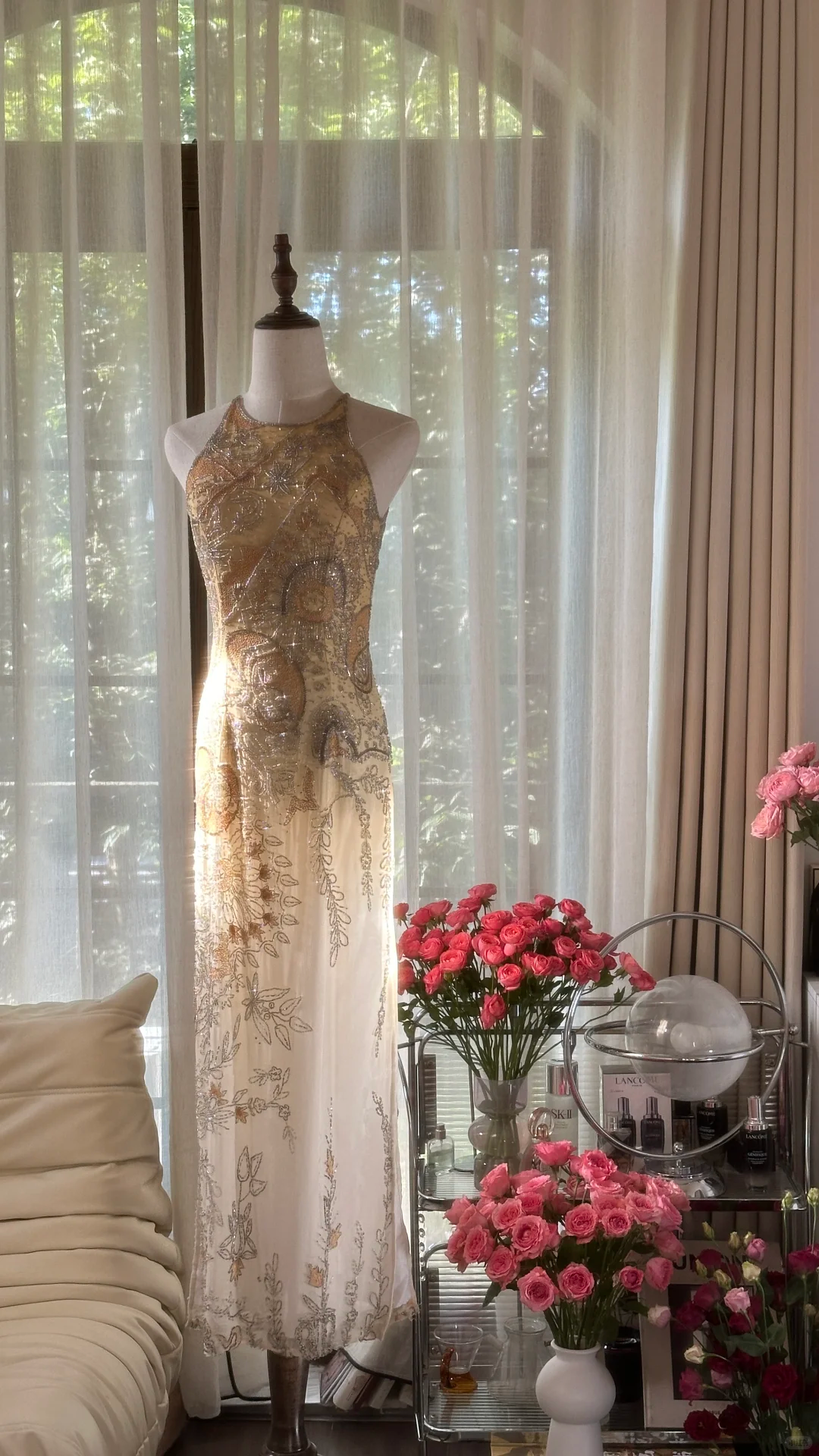 Retro Golden Sparkling Beaded Halter Dress Elegant Chiffon Evening Dress Prom Dresses DP5998