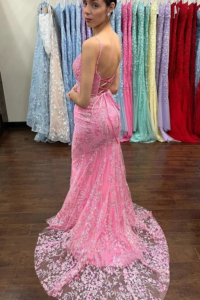 Elegant Pink Lace Mermaid Prom Dress Spaghetti Strap Formal Evening Gown with Lace Train DP8197