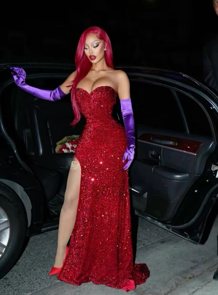 Sexy Red Sweetheart Sheath Sequins Split Long Evening Dresses Birthday Outfits, DP5782