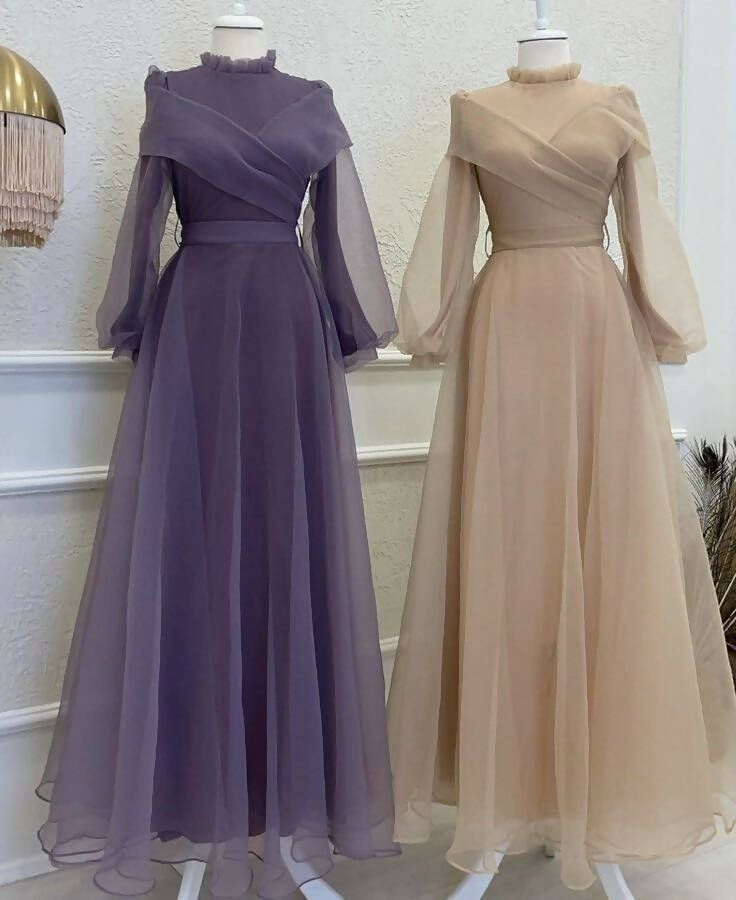 Robe de soirée trapèze en mousseline de soie violet poudré, manches longues, DP3688